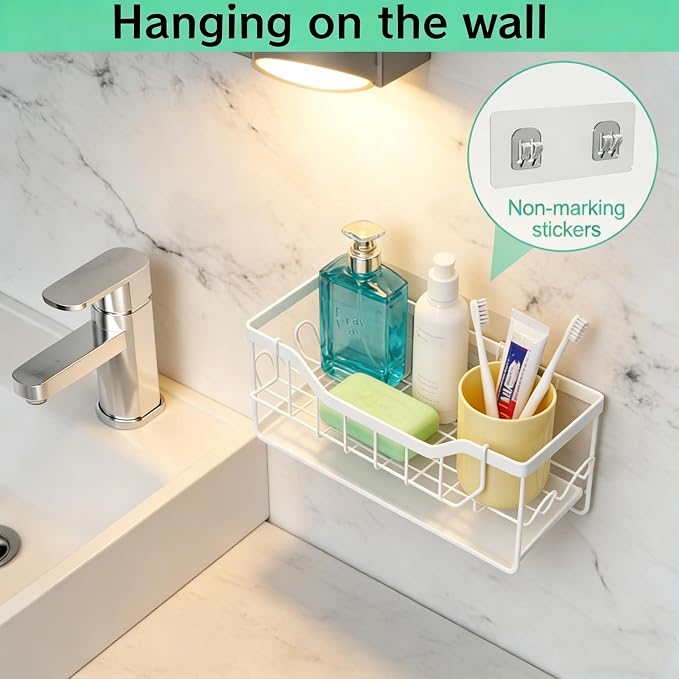 Sponge Holder for Kitchen Sink - Sink Caddy Organizer with Auto Drain Tray, Detachable Towel Rack, Stainless Steel Kitchen Counter Organizer Rack (White)