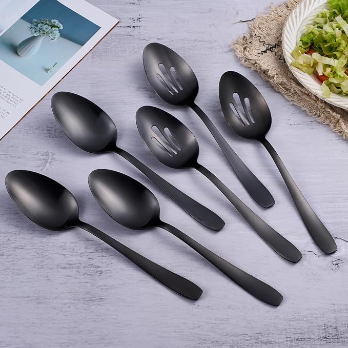 6 Pieces Large Serving Spoons Set - 3 Serving & 3 Slotted Spoon | 10.6 Inch, matte black, stainless steel, highly durable, corrosion-resistant, dishwasher safe, for kitchen buffet restaurant