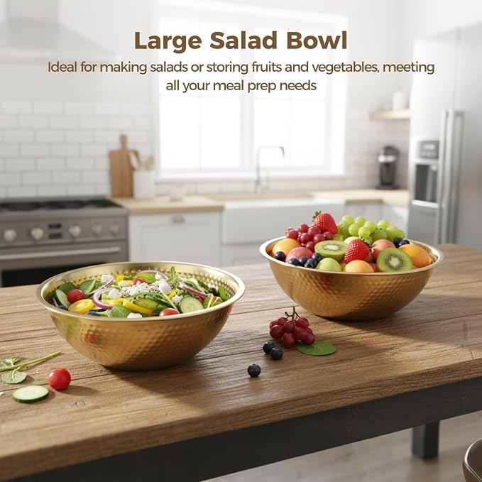 Joyibay 2 Pcs 13 Inch Gold Stainless Steel Salad Bowl Set, 4-Pc Utensil Set | Kitchen mixing bowls for salad, soup, prep, serving, and food storage; gold stainless steel look suits table setups