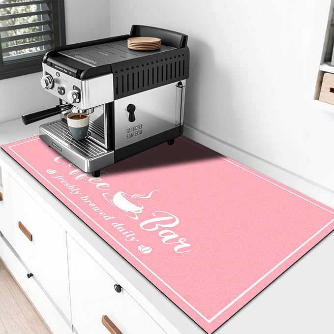 CooRug Fashion Coffee Mat, Dish Drying Mat 17" x 32" Pink | Hide Stain, Absorbent, Coffee Bar Accessories, Heat Resistant, Non-slip, Eco-friendly, Easy to Clean
