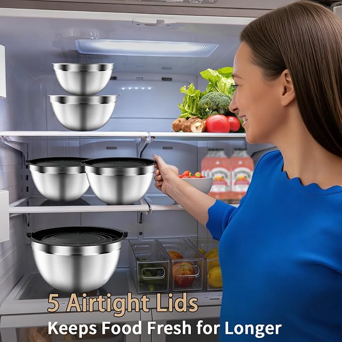 Mixing Bowls with Airtight Lids Set, 5 PCS Stainless Steel Black | Nesting Storage Bowls for Kitchen, Large Prep Metal Bowl, 5.5/4/3.5/2/1.5 QT for Mixing, Serving & Backing, Dishwasher Safe