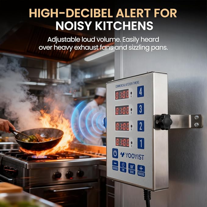 Precision Kitchen Timers for Cooking – 4 Channel Commercial Kitchen Timer Restaurant Kitchen Supplies – Stainless Steel Digital LED Chef Cooking Timer – Reminder Function, Loud Alarm, Silver