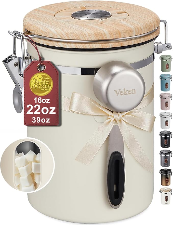 Veken Coffee Canister with Window, Airtight Stainless Steel Container, 22OZ | Gifts For Women, Kitchen Food Storage for Beans,Ground,Espresso,Rice,Tea, Sugar, Cereal, Lids,Jars, Scoop, Cream