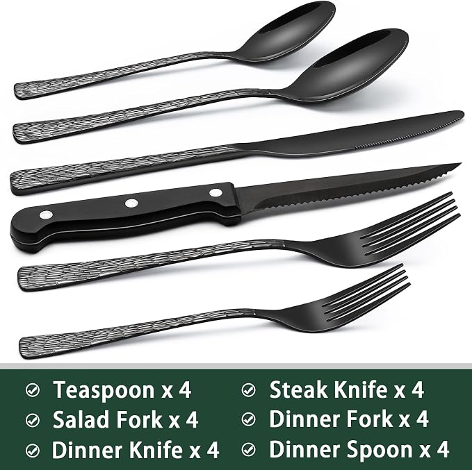 EWFEN 24-Piece Black Silverware Set with Steak Knives, Black Flatware Set for 4, Food-Grade Stainless Steel Tableware Cutlery Set, Mirror Finished Utensil Sets for Home Restaurant, Tree Pattern
