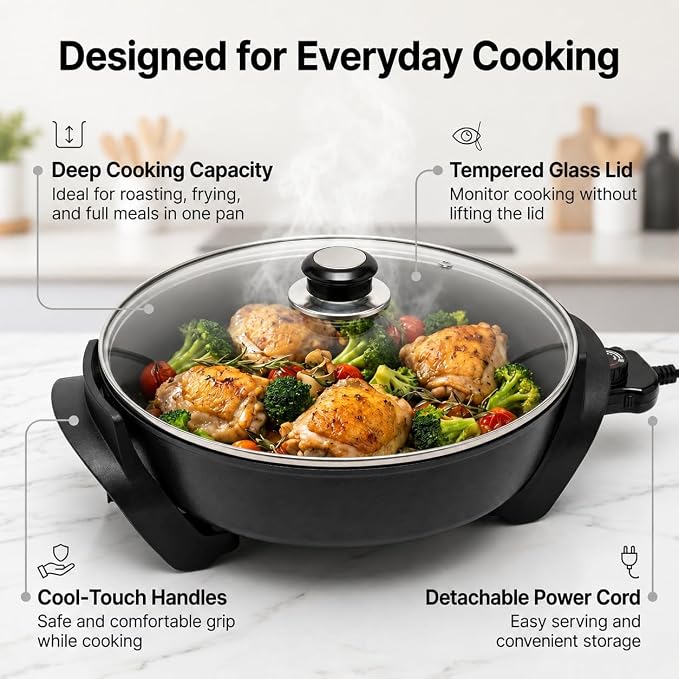 Moss & Stone Round Electric Skillet with Lid, 12-Inch Nonstick Frying Pan | 5 Qt Electric Frying Pan with Adjustable Temperature Control, Vented Glass Lid, Heat-Resistant Handles & Dishwasher Safe