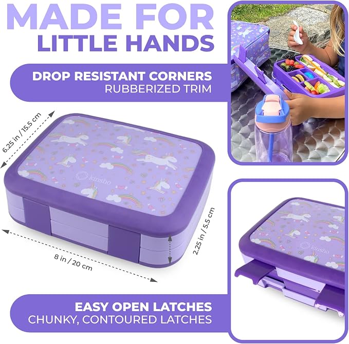kinsho Bento Lunch Box Container for Kids, Girls Age 3 to 5, Purple Unicorn | 5 Portion Sections, BPA-Free Spill-Proof Leakproof Removable Plastic Tray, Snacks and Lunches for Toddlers Pre-School Daycare
