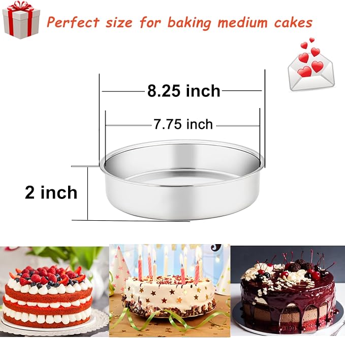TeamFar 8 Inch Cake Pan Set of 2, Round Layer Cake Baking Pans Tins | Stainless Steel Bakeware Cake Pans for Birthday Wedding Party, Non-Toxic & Mirror Finish & Dishwasher Safe
