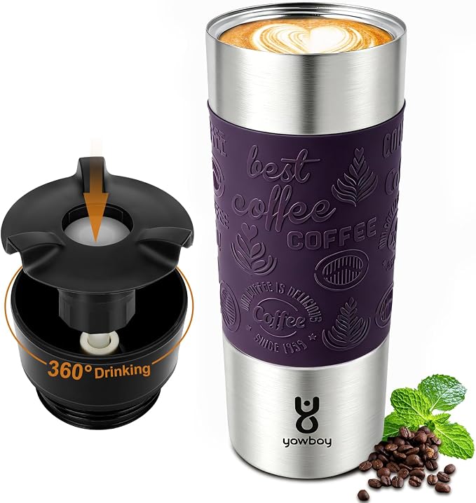Travel Coffee Mug with 360°Lid, Travel Coffee Tumbler 16 oz Leak Proof, Stainless Steel Insulated Travel Mugs for Hot and Cold Spill Proof Leak Proof (Purple)