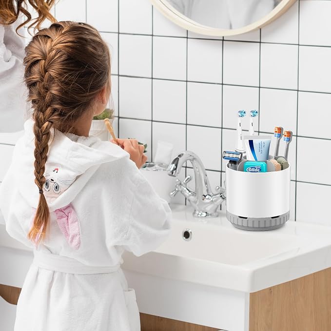 GFWARE Rotating White Toothbrush Holder for Bathroom Organizer, Drainage | Detachable 6 Slots Kids Electric Toothbrush and Toothpaste Holder, Bathroom Countertop Sink Storage Caddy