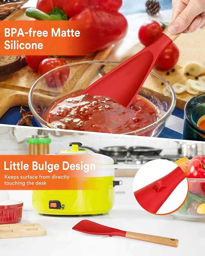 Multifunction Cooking Spoons for Nonstick Cookware,11.4"&13.4", Red | Great for Cooking and Serving, Sturdy BPA-Free Matte Silicone, Wood Handle spoonula for Mixing, Scoop, and Scrape