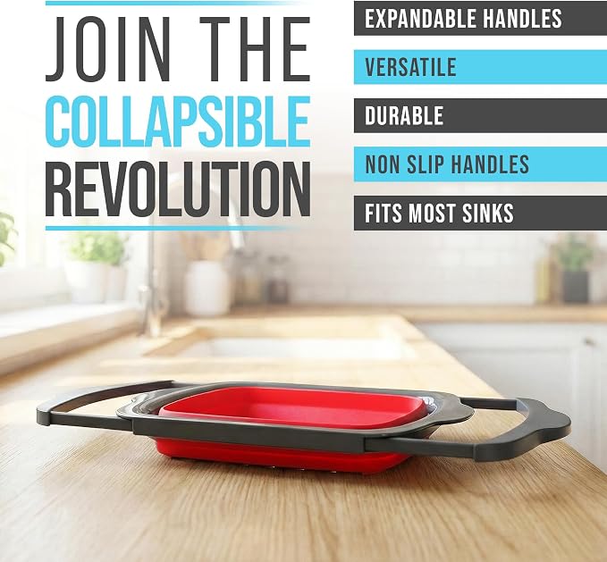 Comfify XL Large Kitchen Strainer - Collapsible Silicone Over-The-Sink Colander with Extendable Handles - Use with Pasta, Fruit, Berries & Veggie - 6 Quart - Red | Red silicone colander; 17.1 x 10.1 in; folds to 1.4 in; 6 Qt; handles extend 25 in; heat...