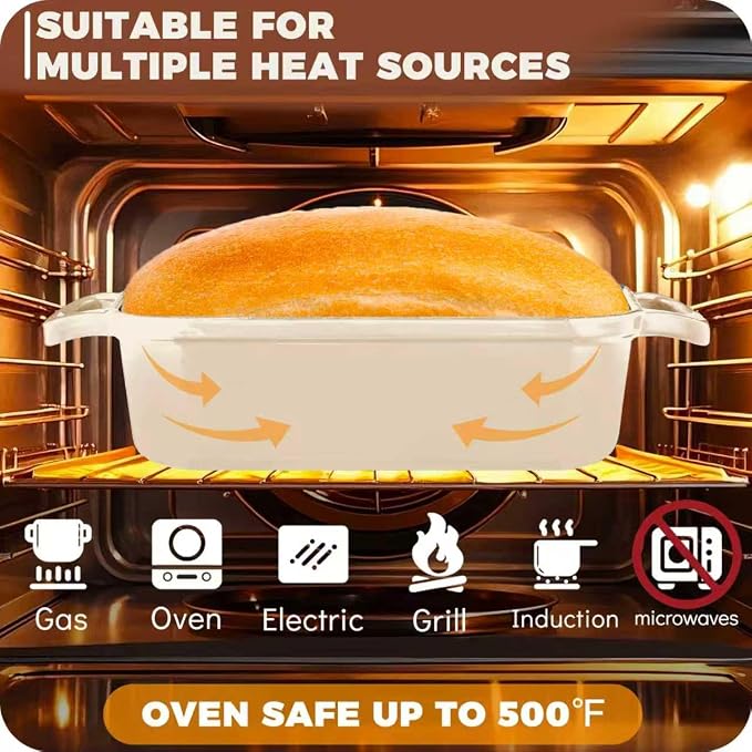 Cast Iron Loaf Pan with Lid, 9x5 Loaf Pans for Homemade Bread | Cast Iron Bread Pan for Sourdough Baking, 9x5 Loaf Pan with 2-In-1 Design, Even Heat Distribution, Cream Enameled