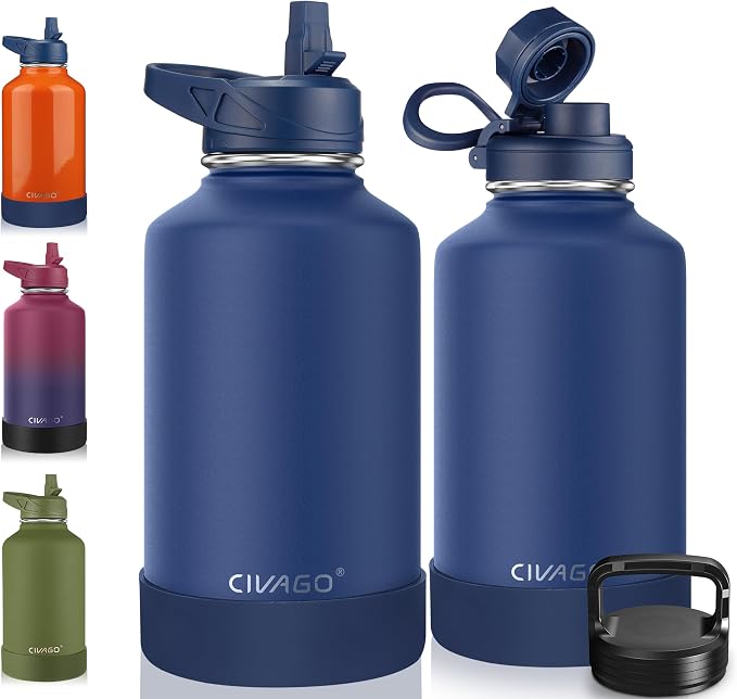 CIVAGO 64 oz Insulated Stainless Steel Water Bottle With Straw and 3 Lids | Half Gallon Large Metal Water Jug, Big Leakproof Reusable Wide Mouth Thermal Flask with Silicone Boot, BPA-Free, Navy Blue
