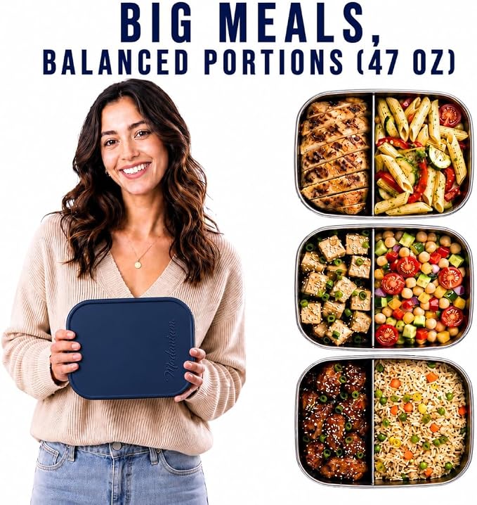 Flexibento - Leak proof Stainless Steel Lunch Box Containers with Silicone Lids, Steel Bento Box, Metal lunch Box, Navy-47OZ-Set Of 2