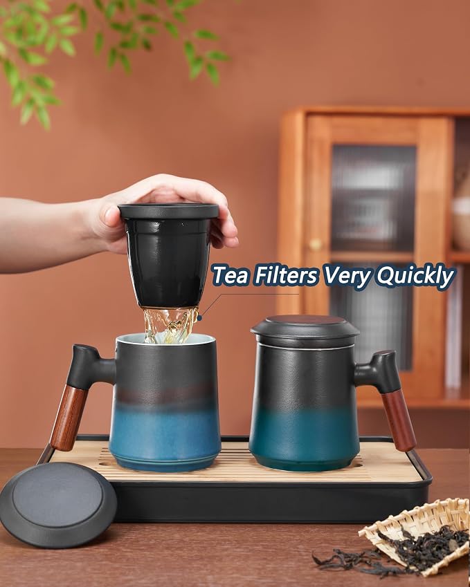 ZENS Tea Cup with Infuser and Lid for Loose Leaf Tea Steeper, 13.5oz Blue | Embossed Ceramic Tea Infuser Mug with Fine Strainer for Herbal Tea Lovers Gifts, Nature Wood Handle