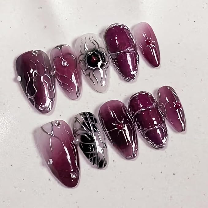30Pcs Gothic Press On Nails Dark Red Gradient Fake Nails with Spider Rhinestones Designs Medium Almond Goth Acrylic Nails Chrome Line Stick On Nails for Women Halloween Party Reusable False Nails