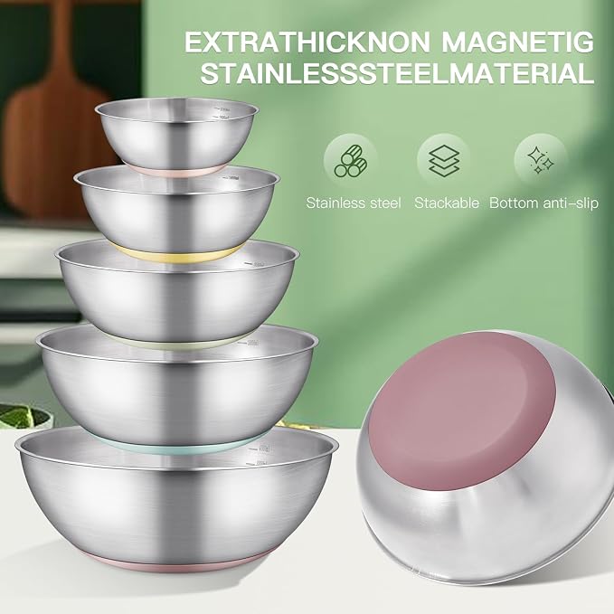 GIUOIDUO Stainless Steel Mixing Bowls Set with Non-Slip Base, Set of 5 | 1.27/ 1.69/ 2.11/ 3.17/ 4.23QT Nesting Bowls, Dishwasher Safe Baking Bowls for Kitchen Baking, Meal Prep and Storage