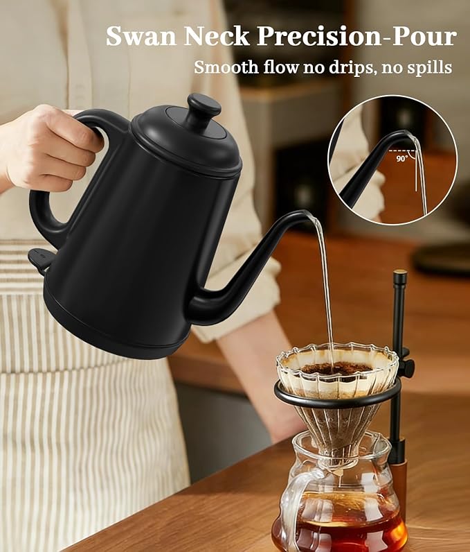 Gooseneck Electric Kettle 1L, 1000W, Pour-Over Coffee & Tea | Precise Flow Spout, 304 Stainless Steel, BPA-Free, Fast Boiling, Auto Shut-Off & Boil-Dry Protection, Retro Design (Black)