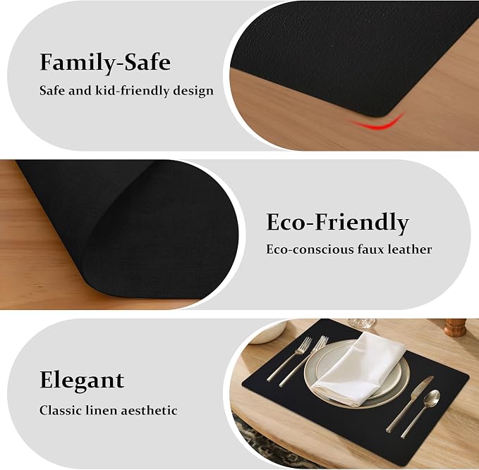 FROMHEART Faux Leather PU Placemats Set of 8 (Black,11.8" x 17") | Waterproof,Heat/Oil Stain-Resistant Table Mat–Reversible,Non-Slip,Easy to Clean Place Mats for Kitchen,Dining,Indoor/Outdoor