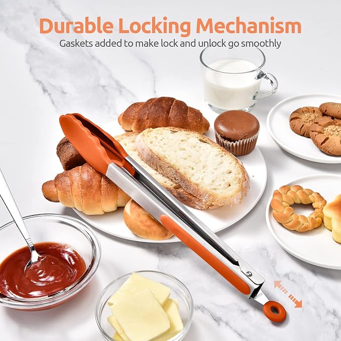 U-Taste Kitchen Tong for Cooking, 600ºF Heat-Resistant Tps, 12in/Orange | Large Tongs for Serving Food, Big Rubber Tong for Grill/BBQ, Silicone Tips & 18/8 Stainless Steel Handle, Smooth Locking