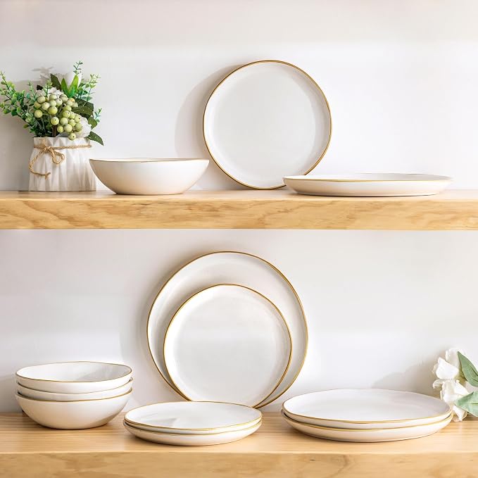 AmorArc Ceramic Dinnerware Sets for 4, 12Pcs Plates and Bowls Sets Dishes | Stoneware Handmade Reactive Glaze Dinner Set, Highly Scratch Resistant | Dishwasher & Microwave Safe Dishware