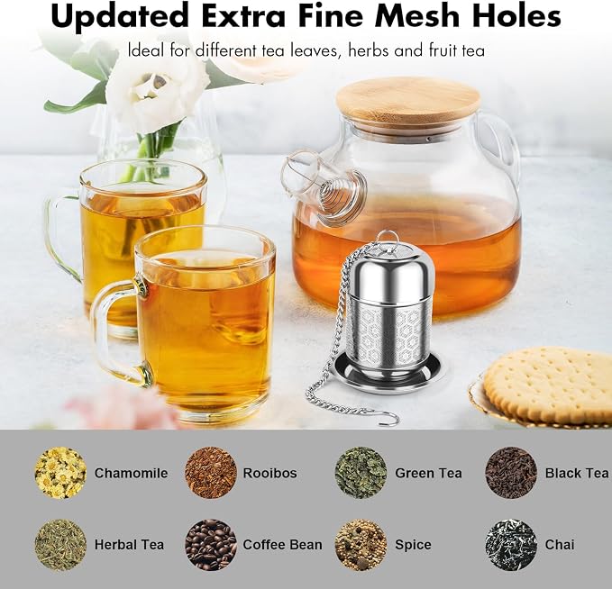 Tea Infuser for Loose Leaf Tea, Extra Fine Mesh Tea Strainers, 304 Stainless Steel & Updated Slim Threaded Lid, Loose Leaf Tea Steeper for Brew Tea, Spices, Rooibos, 2 Pcs, Sliver