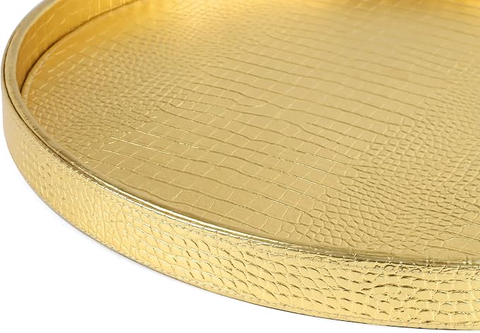 HofferRuffer Round Serving Tray 20'', Elegant Faux Leather Circle Ottoman Table Tray, Serve Tea Coffee Breakfast in Bedroom Living Room Kitchen (Gold, 20")