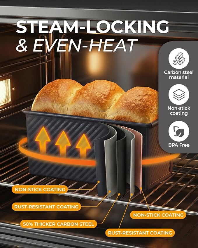 CARTMAN 3-Piece Pullman Loaf Pan with Lid, 2.2/1/0.8 LB Bread Pan, Black | Includes 2.2/1/0.8 LB sizes & silicone tools, bottom vents, nonstick carbon steel, nesting storage, for bread & brownies