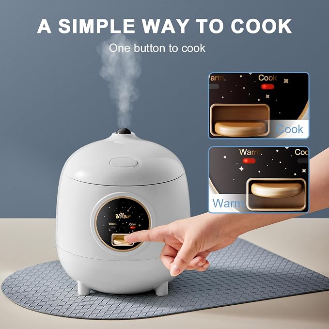 Bear Mini Rice Cooker, 2-Cup Uncooked, Nonstick, Keep Warm, BPA Free, White | Portable 1.2L nonstick small rice cooker for travel, dorm, single serve. One-touch operation, removable pot, auto keep warm