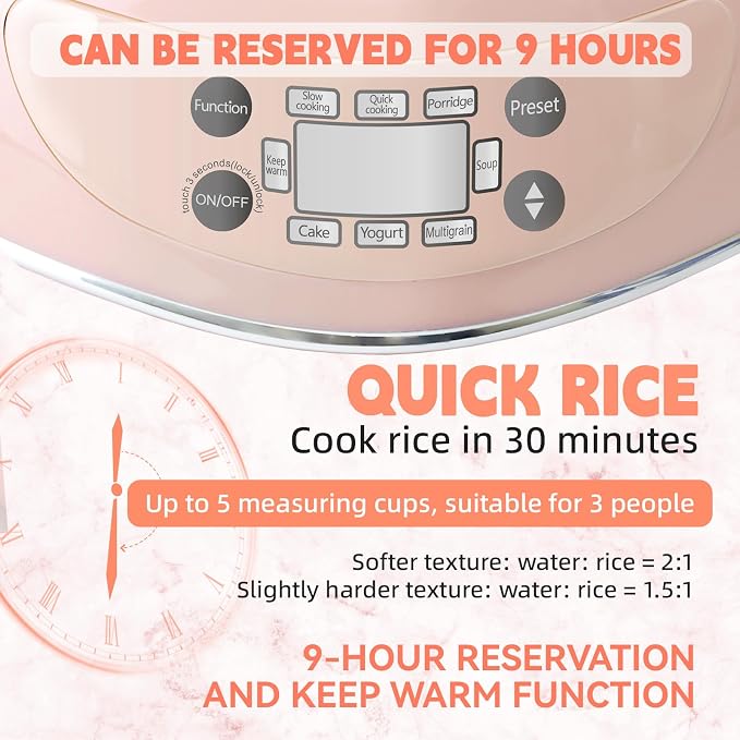 Peach Heart Shape Rice Cooker 8 Cup Cooked, 4 Cup Uncooked Rice, Multifunctional Pink Rice Cooker, 300w, with Preset Timer, 1.8L (Light Pink)