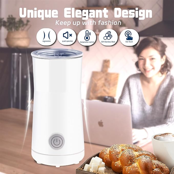 Simple Milk Frother, 2 in 1 Milk Steamer and Frother, Electric Milk Steamer, Milk Warmer and Hot Milk Foam Maker for Latter, Macchiato, Cappuccinos (White)