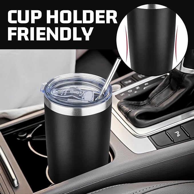 20 oz Tumbler with Lids and Straws, Stainless Steel Insulated Travel Coffee Mug, Double Wall Vacuum Insulated Tumblers, Powder Coated Coffee Tumbler for Cold & Hot Drinks (Black)