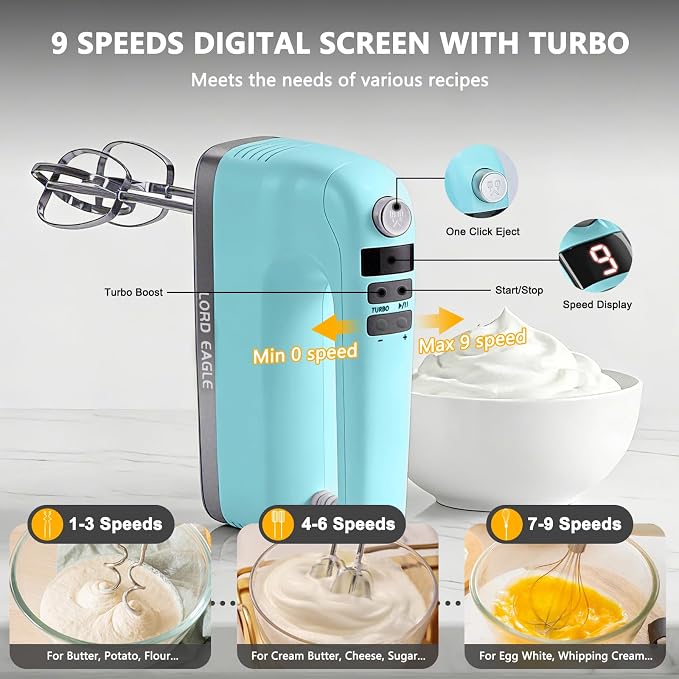 Lord Eagle 9-Speed Digital Hand Mixer Electric Handheld, 500W DC Motor | Kitchen Mixer for Cake Baking, Lightweight Egg Beaters with Stain-resistant & Waterproof Storage Bag & 6 Accessories, Blue