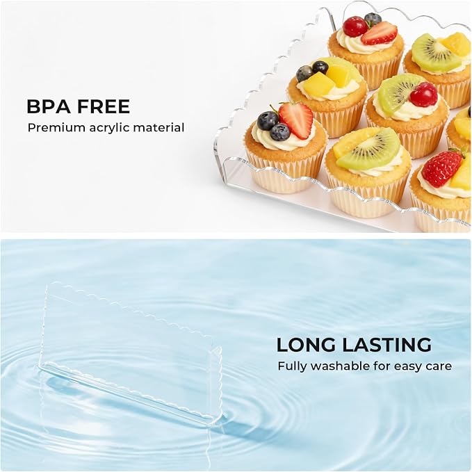 3 Pack Acrylic Serving Trays for Party, 12.9 x 7.1 Inch Scalloped Clear Serving Platter for Food Coffee Tea Snack, Catering Dessert Tray for Cupcake Fruit Party Table Decor (Tray-Clear)