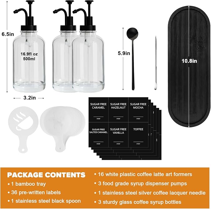 Syrup Dispenser for Coffee Bar, Glass Syrup Dispenser with Pump, 16.9 fl oz Honey Bottles, Labels, Spoons, Coffee Art Pen, 3 Pack