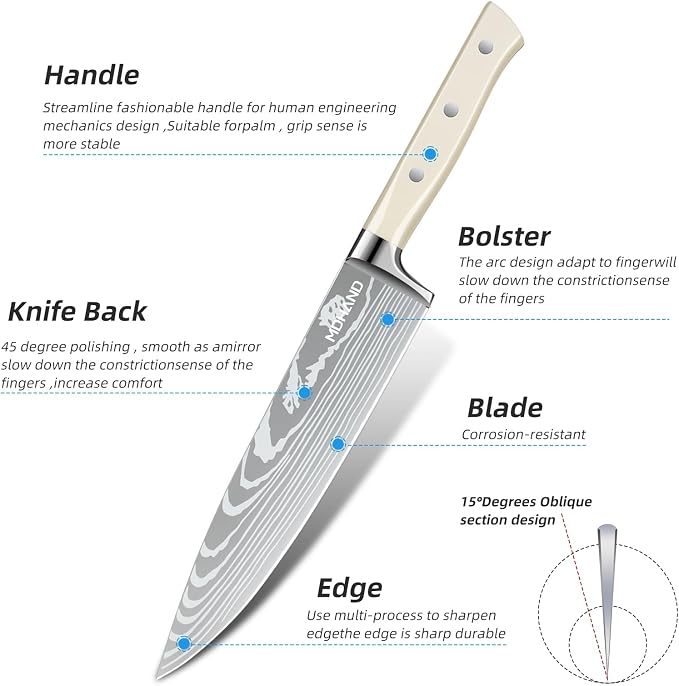 Chef Knife Set with Roll Bag, Professional Knife Set with Sharpener | High Carbon Stainless Steel 9PCS Kitchen Knife Set, Forged Triple Rivet Handle, Kitchen & Home Cooking, Dishwasher Safe White