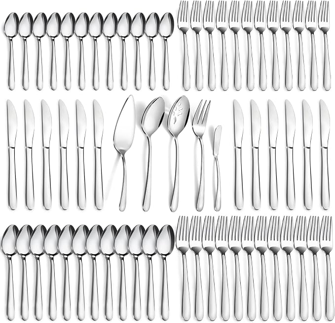 Pleafind 65-Piece Silverware Set with Serving Utensils - Mirror Polished Stainless Steel Flatware Set for 12, Elegant Dining Cutlery Set with Steak Knives, Round Edge Utensils for Home, Wedding Party