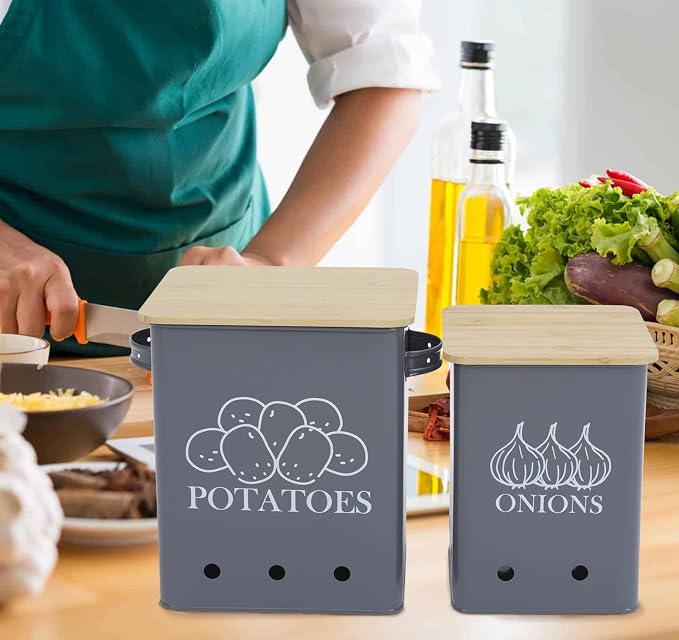 Kitchen Vegetable Storage Tins Set of 2, Onion and Potato Storage Bins with Wooden Lid and Aerating Holes, Garlic Bin Caddy, Vintage Kitchen Decor, Grey