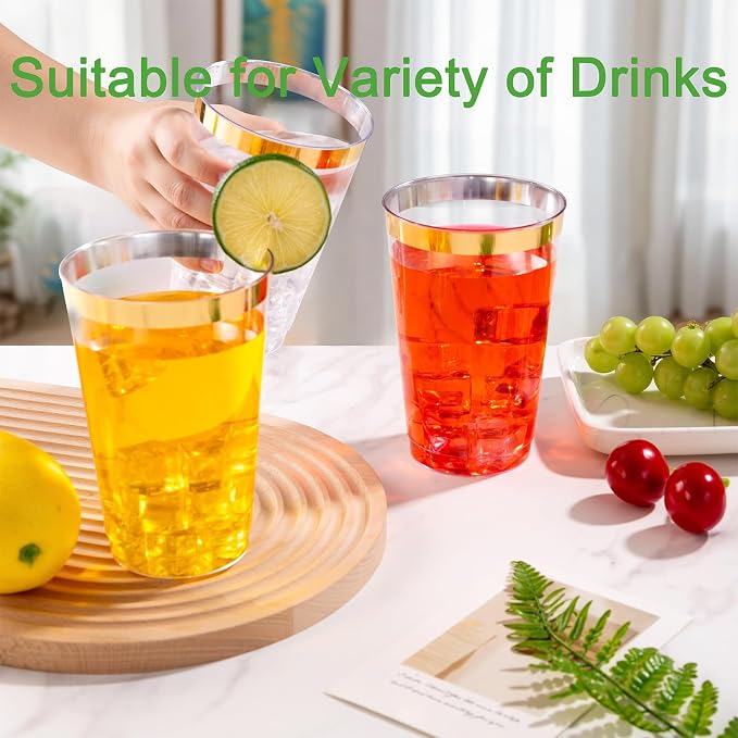 I00000 50 Pack 20 oz Gold Plastic Cups, Elegant Gold Rimmed Plastic Cups, Disposable Cocktail Glasses Wine Glasses, 20 oz Premium Tumblers Perfect for Birthday, Party & Wedding