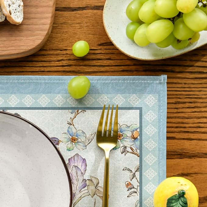 Artoid Mode Blue Birds Flowers Blossom Placemats Set of 4, 12x18 Inch Table Mats for Table Runner Party Kitchen Dining Decoration