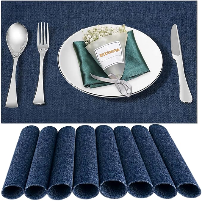 Blue Vinyl Placemats Set of 8,Washable Dining PVC Table Mats | Heat resistant, stain resistant non slip vinyl place mats, washable blue table placemats for dining table