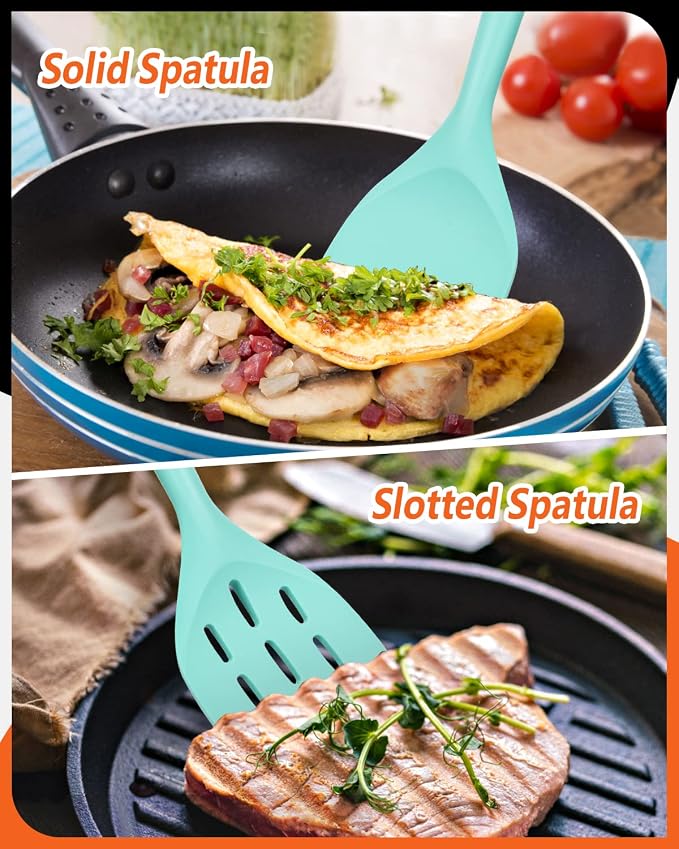 Silicone Spatula, Non Stick Turner for Cooking, Food Grade, Green | Heat Resistant, Flexible Edge, 2 Pack Wooden Handle Kitchen Turner for Baking Mixing Grilling Serving Food