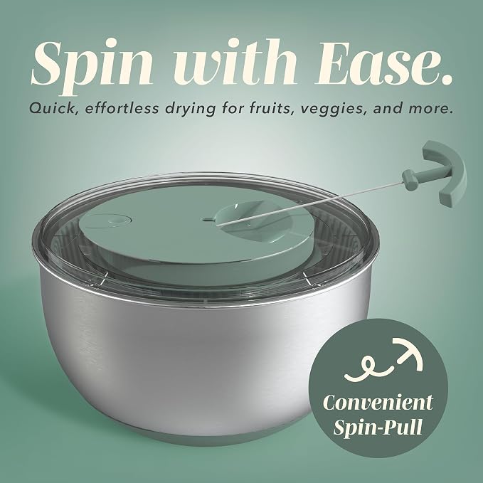 COOK WITH COLOR Stainless Steel Salad Spinner - 5 Qt. Lettuce Washer And Vegetable Spinner Dryer for Easy Salad Prep - Non Slip Base with Pull Handle - Auto Stop Brake System, Stain and Odor Resistant