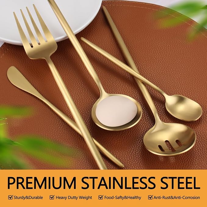 Gold Serving Utensils Set,5pc Stainless Steel Serving Spoons | 10.8inch,matte gold,serving utensils set for buffet,parties&daily dining,serving spoons,flatware for elegant serving
