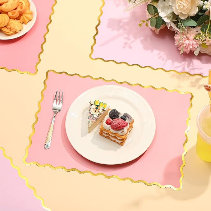 FoldTier 150 Pcs Disposable Paper Placemats Bulk 10"x14" Rectangle Place Mats with Scalloped Edges Dining Table Mat for Wedding Birthday Party Table Decoration(Pink Series)