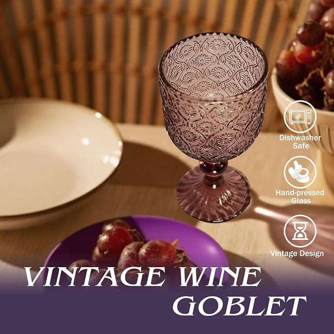 Purple pink Wine Glasses set of 6, 14 oz Purple pink Goblets Glassware (not painted or coated), Colored Vintage Glassware for Weddings, Parties, Restaurants, Bars, Cafeterias, Dishwasher Safe