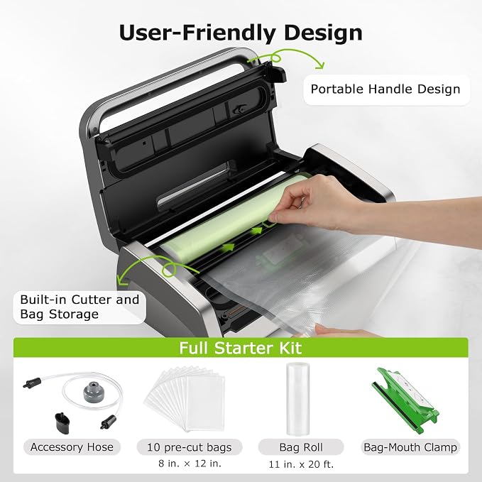 Bonsenkitchen Vacuum Sealer Machine with Globefish Technology, Low-Noise | Powerful Food Vacuum Sealer, High-Speed Continuous Working, Built-in Cutter & Bag Storage for Food Preservation, Silver