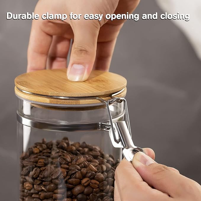 Coffee Container with Shelf: 2P 45OZ Glass Airtight Coffee Holder | Large Capacity Coffee Canister w/Wooden Scoop - Kitchen Food Storage Jar for Ground Coffee/Tea/Sugar/Cereal/Nuts/Coffee Bar