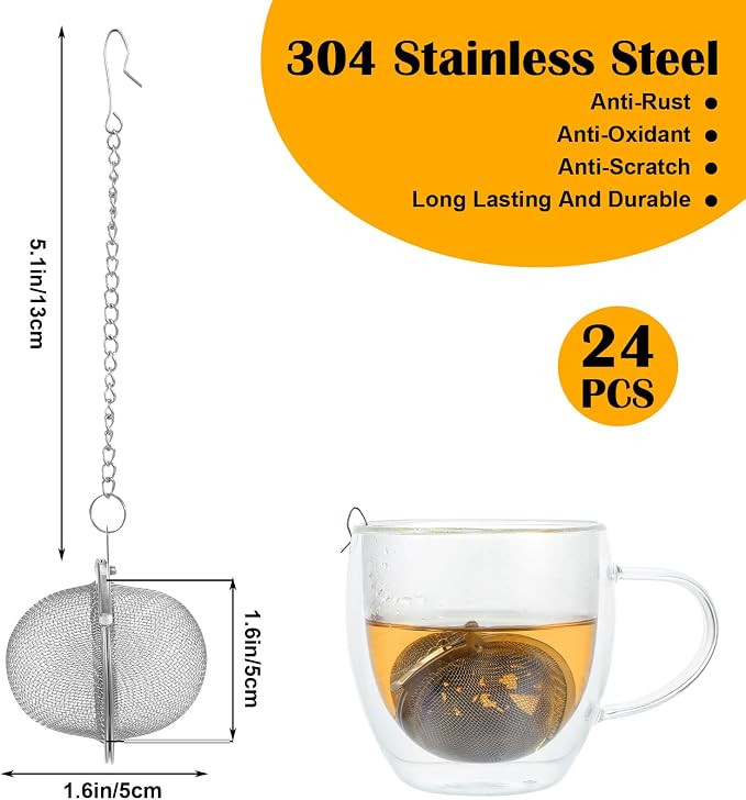 24 Pcs Loose Leaf Tea Infuser, Premium Stainless Steel Loose Tea Leaf Steeper with Fine Mesh, Extra Long Chain & Hook for Brewing Spices and Seasonings
