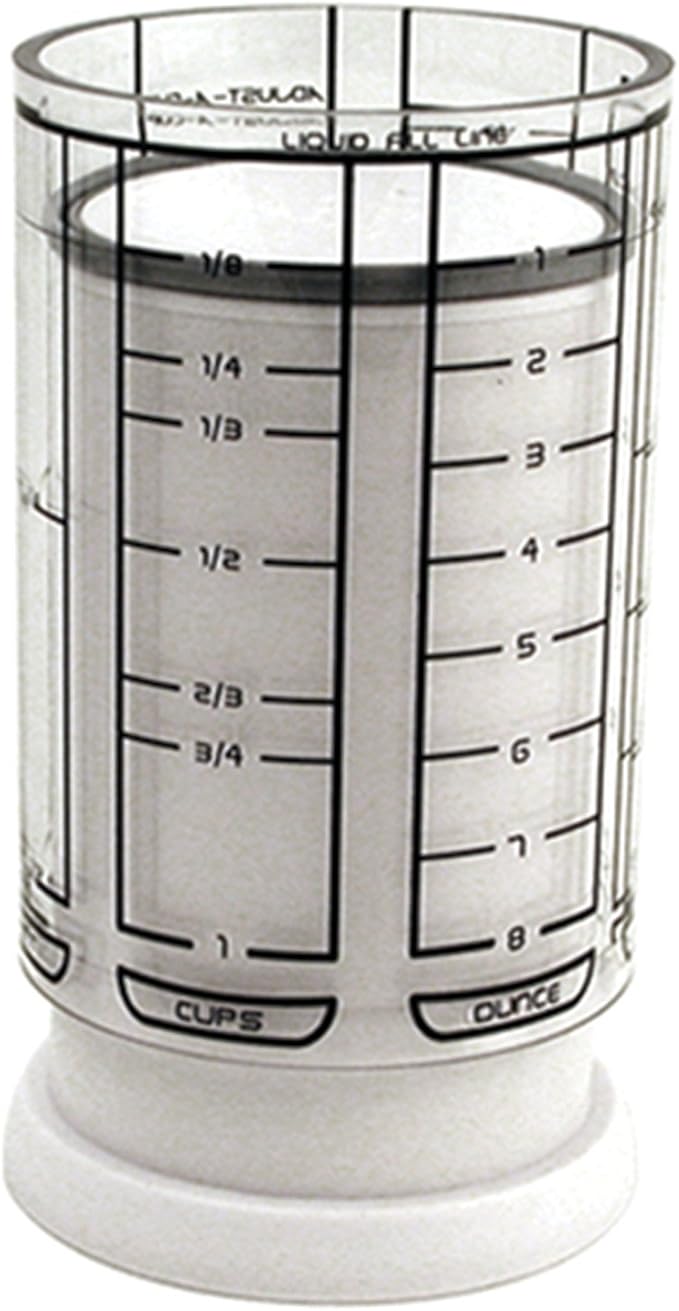 KitchenArt 1 Cup Adjust-A-Cup, Plastic, White | Plunger Measuring Cup | Measures Between 1/8 Cup to 1 Cup | Includes Conversions | Kitchen Gadget | Measures Solids & Liquids